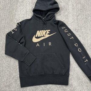Nike Air Hoodie Pullover Sweatshirt Mens Small Black Gold Just Do It Distressed